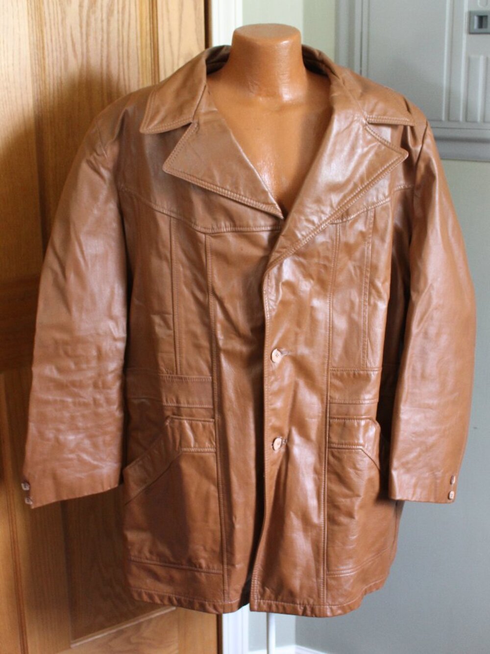 Vintage 3XL Men's Leather Trench Coat - Light Med Brown - Missing Zip In Liner